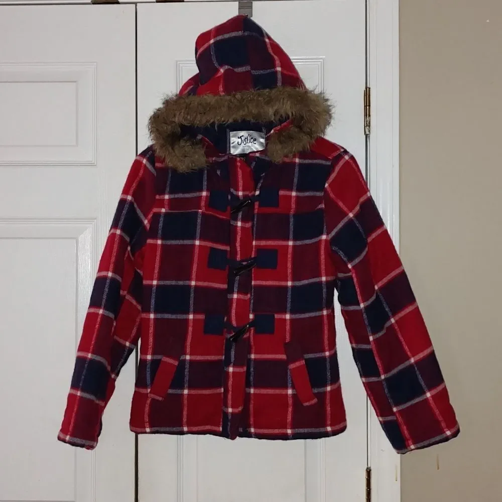 Justice red blue plaid hooded jacket Sz 14